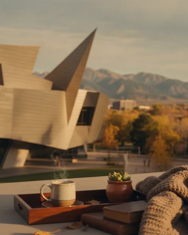 Modern angular building with mountain view, coffee mug and succulent plant on outdoor table in foreground