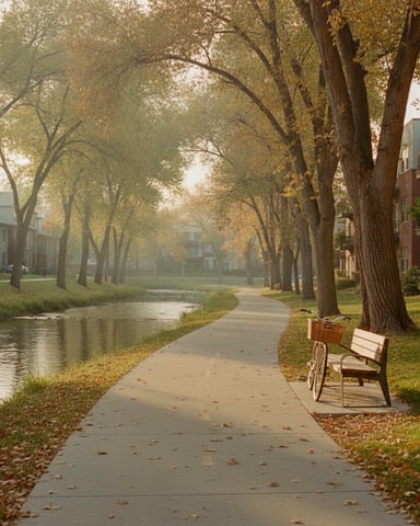 Tree-lined canal path in autumn with brick buildings, bench, and fallen leaves