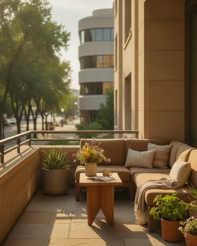 Balcony with tan sofa, wooden side table, potted plants, and view of tree-lined street and modern buildings