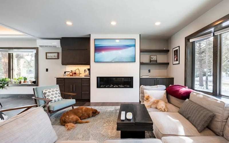 Living room and hearth — Evergreen Mountain House